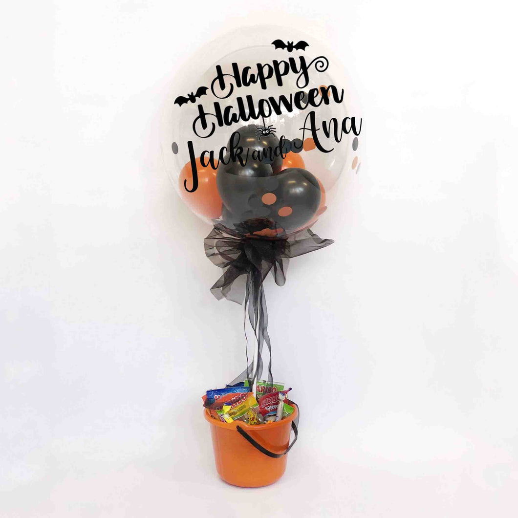 Personalised Inflated Halloween Balloon with Bucket of Sweets